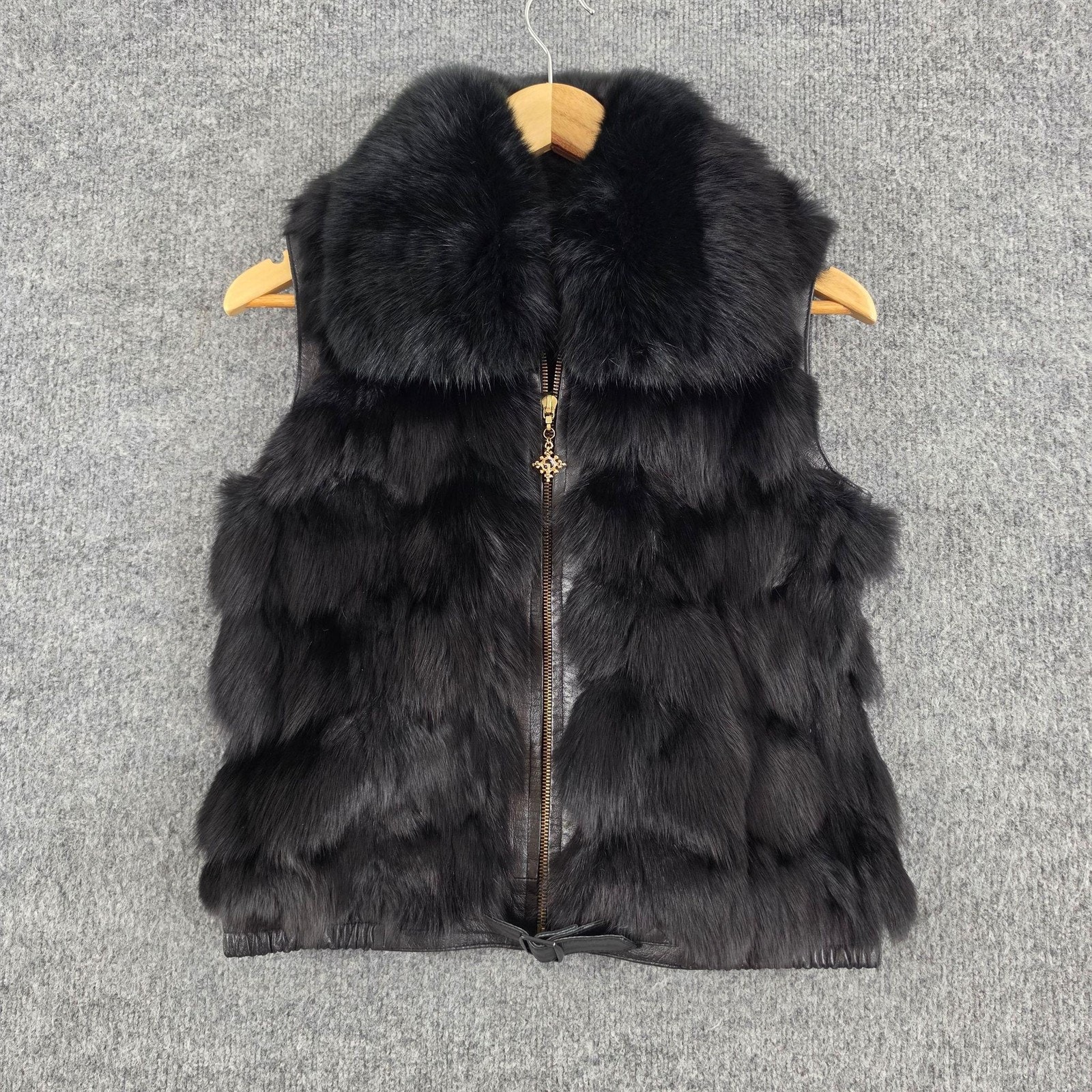 St John Collection Vest Petite Classic Fox Fur Leather Trim Black Quiet Luxury